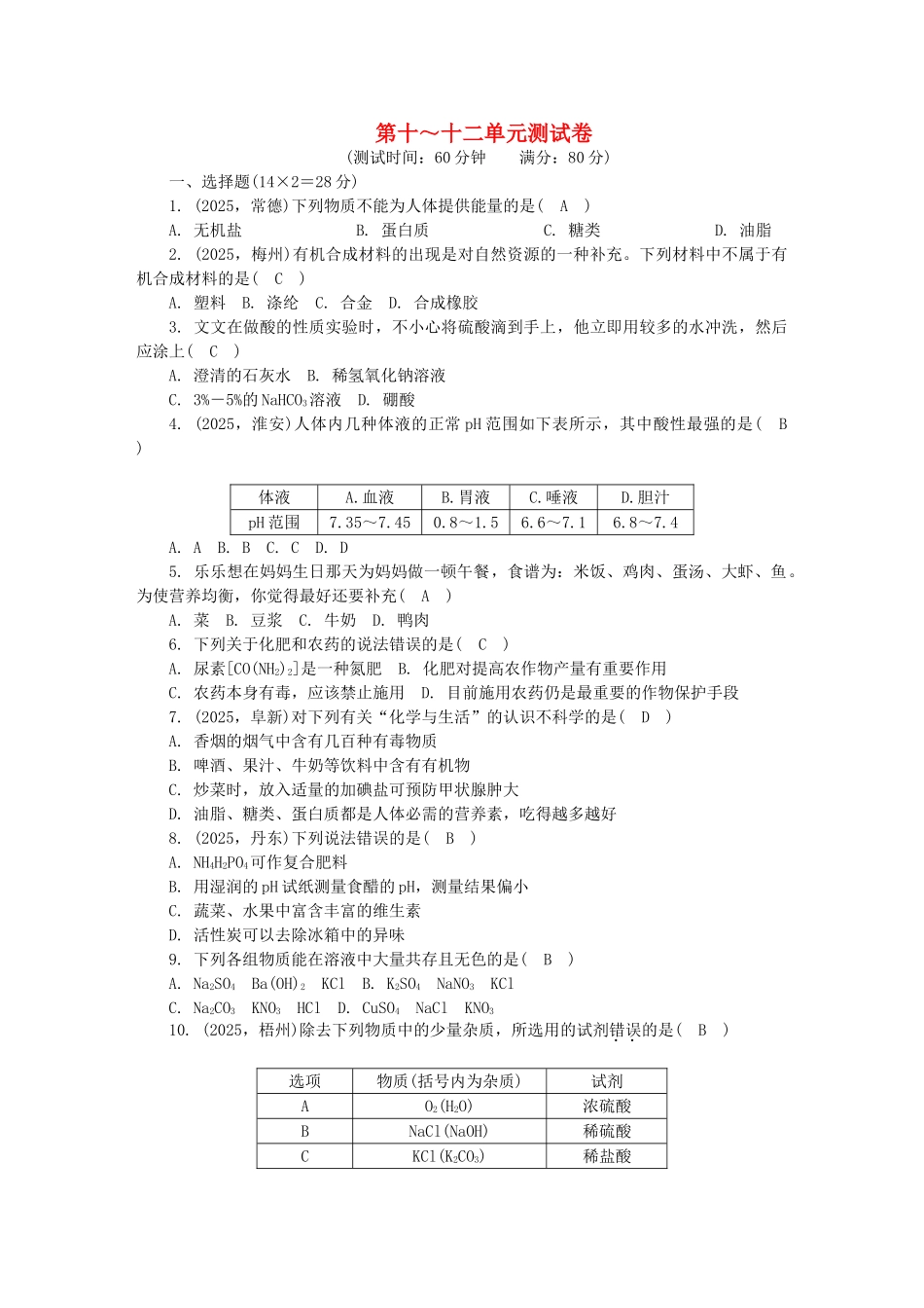 中考化学总复习-第3篇-阶段性测试-第1012单元测试卷_第1页
