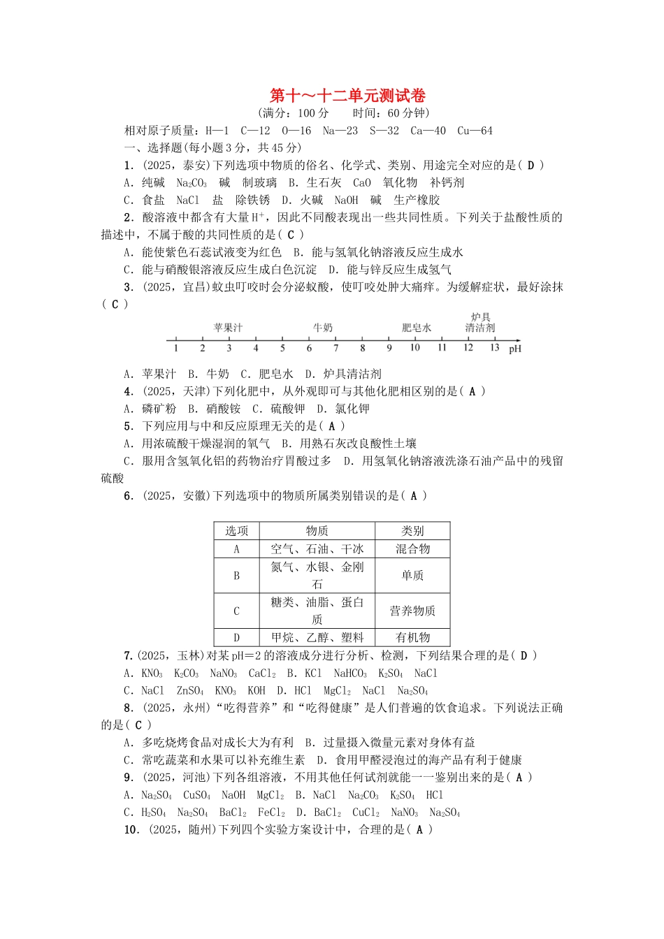 中考化学总复习-第三篇-第1012单元测试卷1_第1页