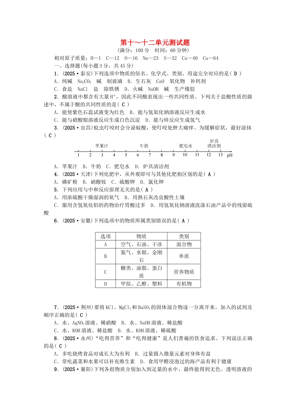 中考化学总复习-第三篇-阶段测试-第1012单元综合测试题1_第1页