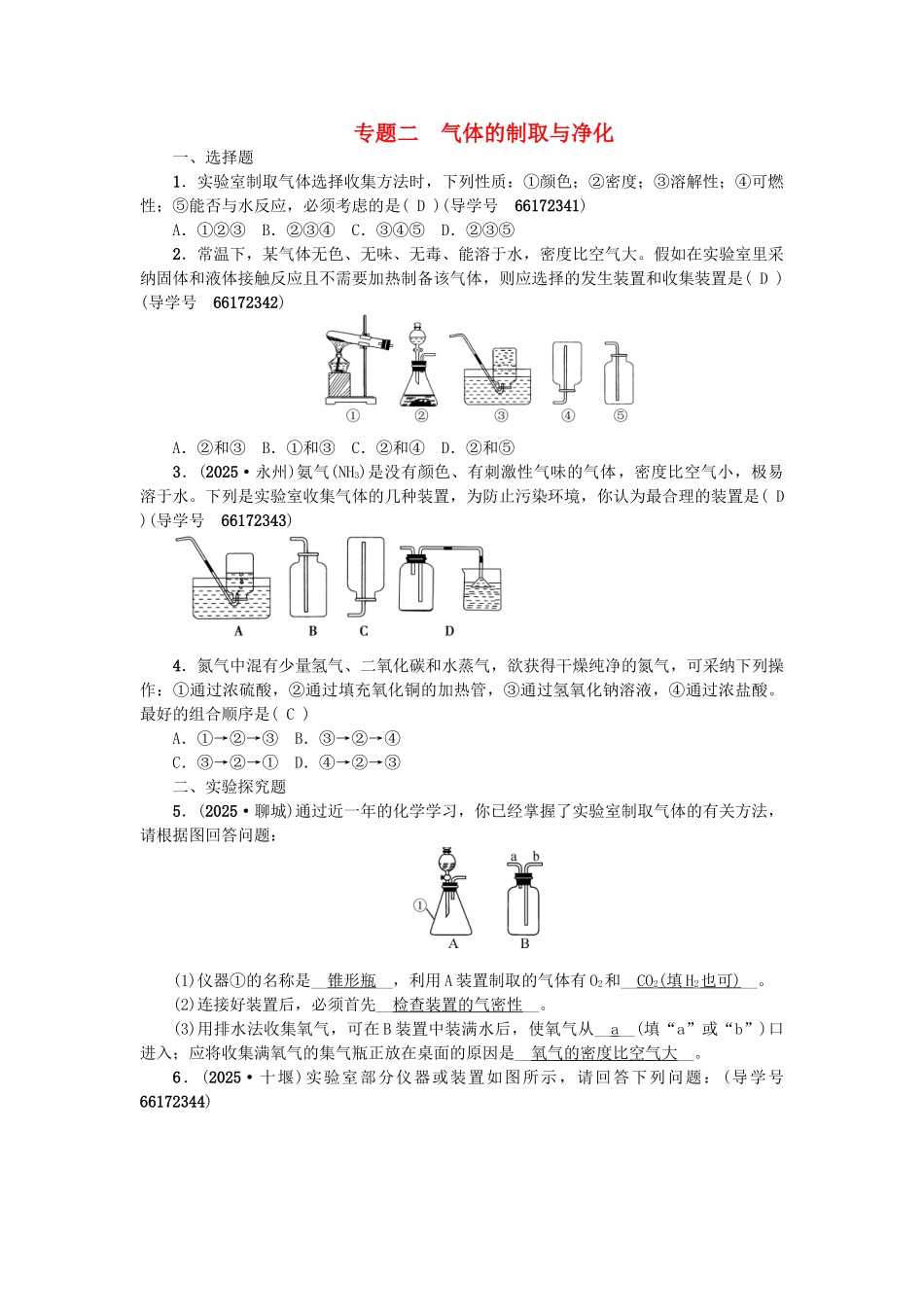 中考化学总复习-第二篇-专题二-气体的制取与净化试题1_第1页