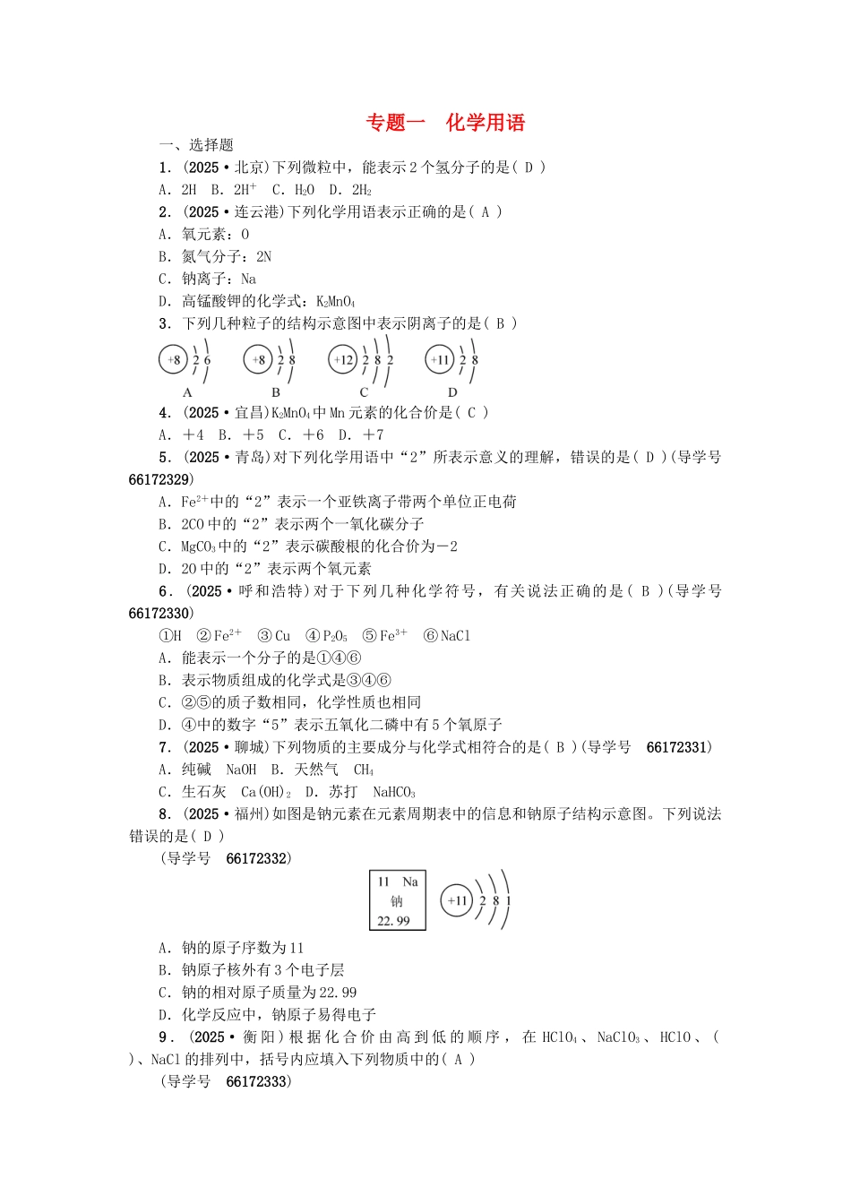 中考化学总复习-第二篇-专题一-化学用语试题1_第1页