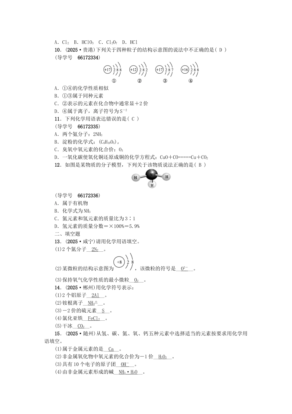 中考化学总复习-第二篇-专题一-化学用语试题1_第2页