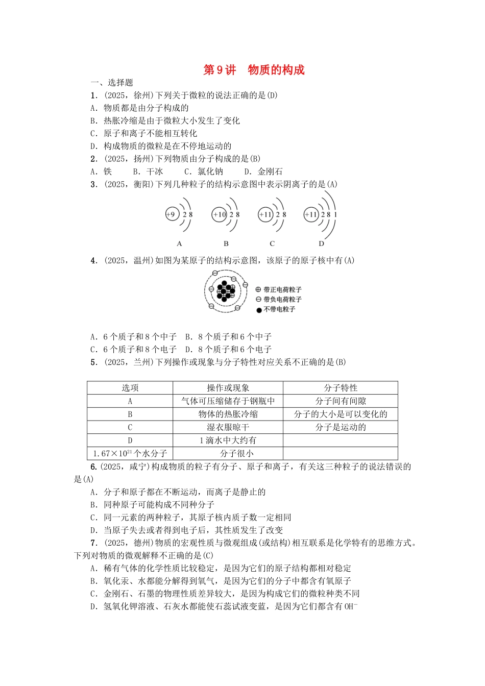中考化学总复习-考点聚焦--物质的构成试题_第1页