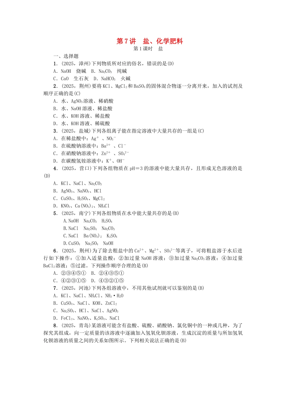 中考化学总复习-考点聚焦--盐化学肥料试题1_第1页