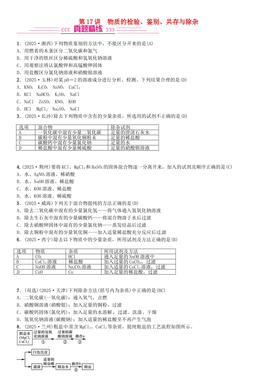 中考化学总复习-考点解读-各个击破-主题五-科学探究--物质的检验-鉴别-共存与除杂习题-新人教版_第1页