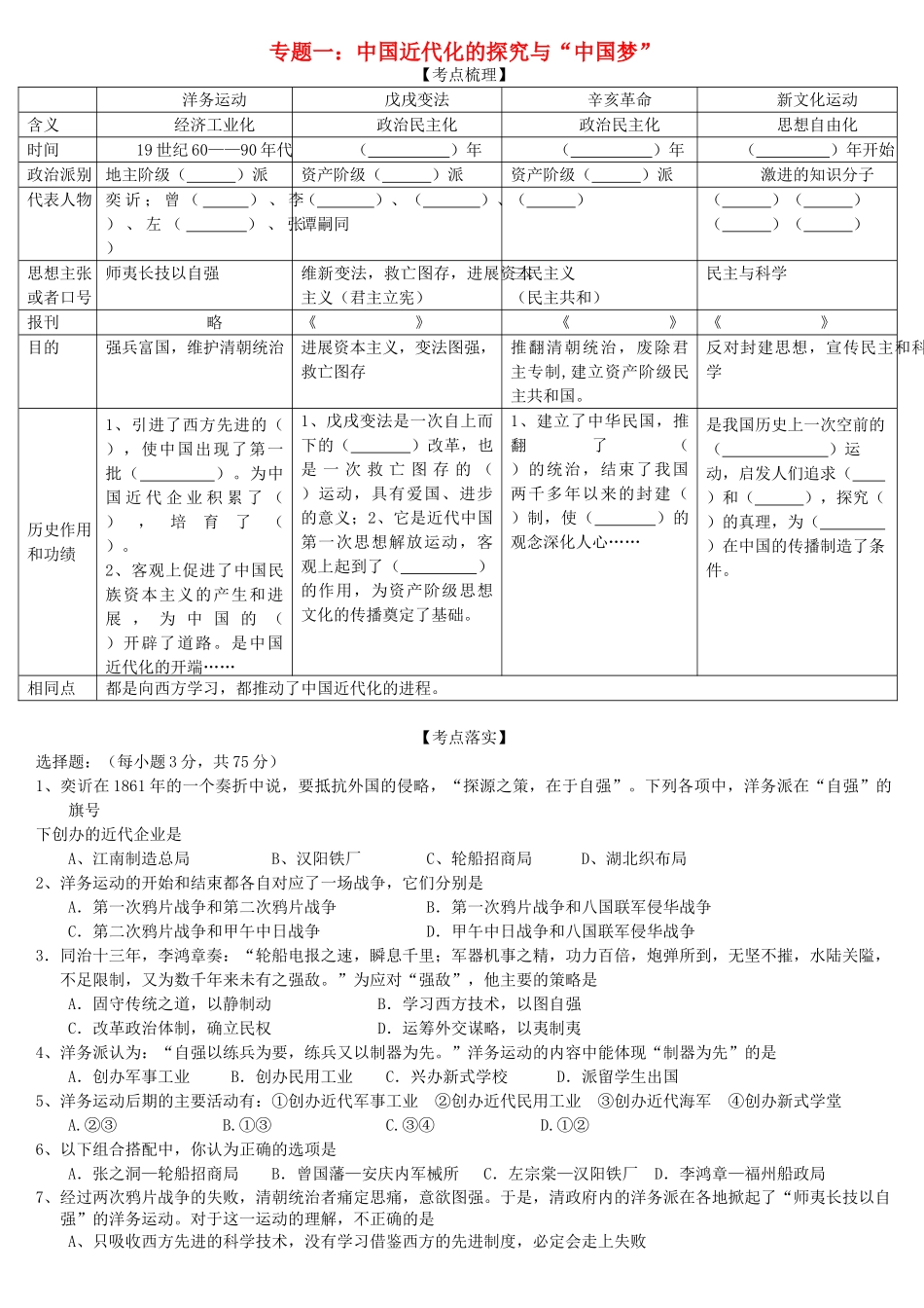 中考历史专题复习中国近代化的探索复习练习题_第1页