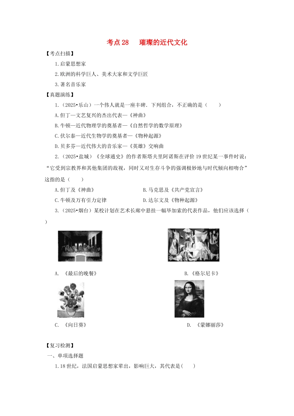 中考历史复习-考点28璀璨的近代文化11_第1页