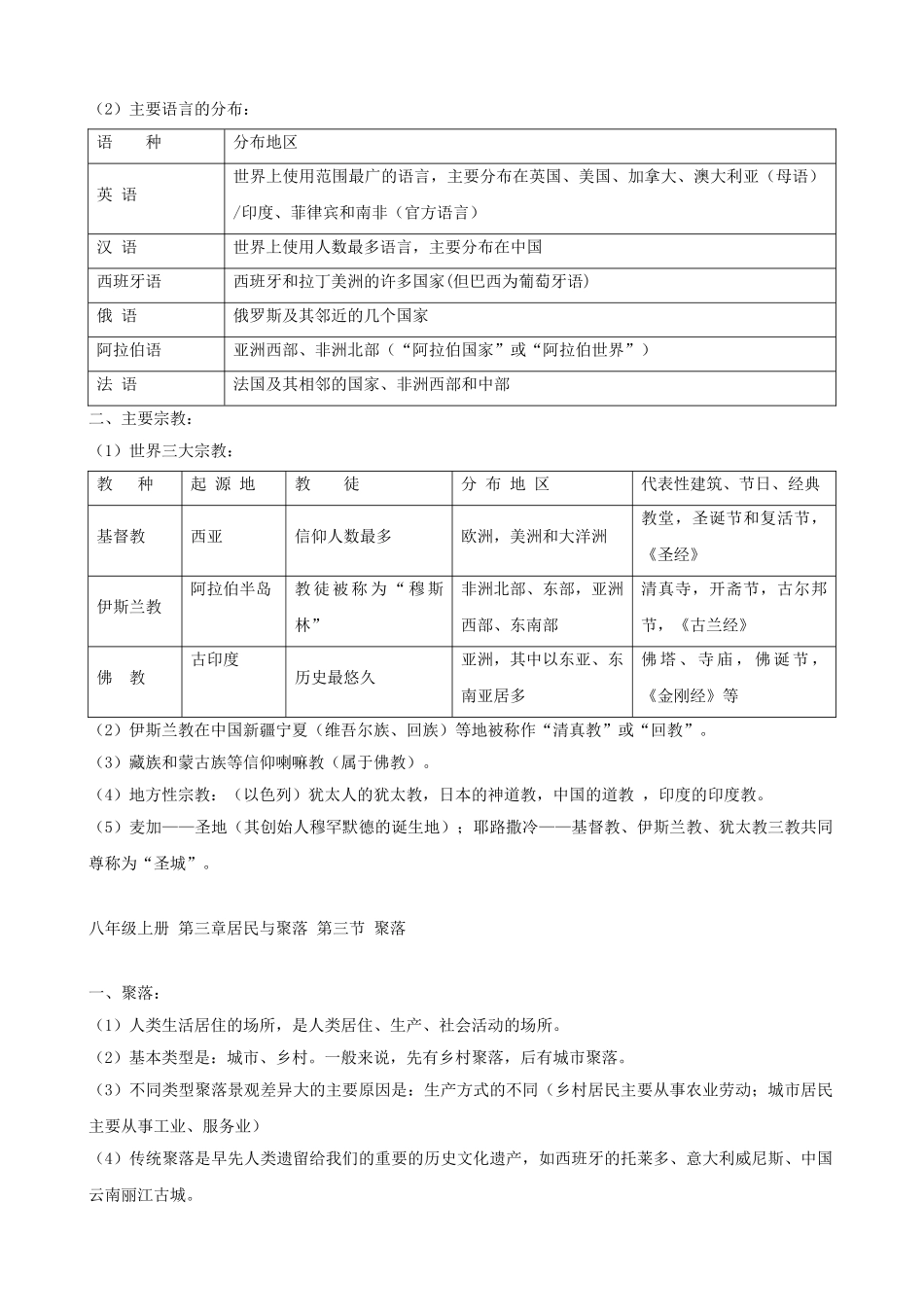 中考地理复习提纲-八年级上册-居民与聚落教师版_第2页