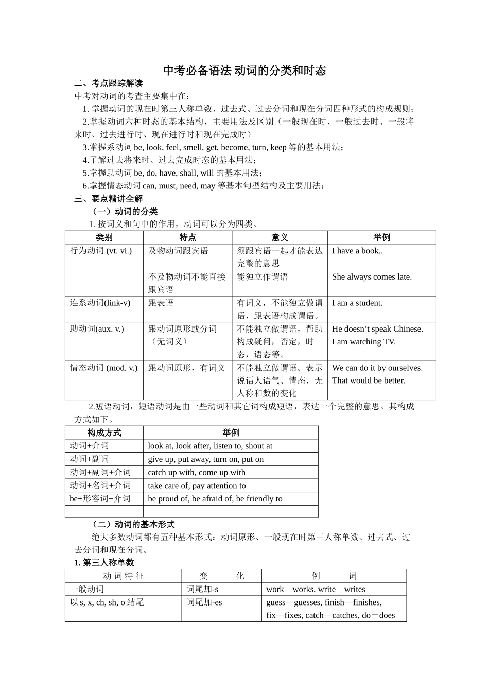 中考必备语法动词的分类和时态_第1页