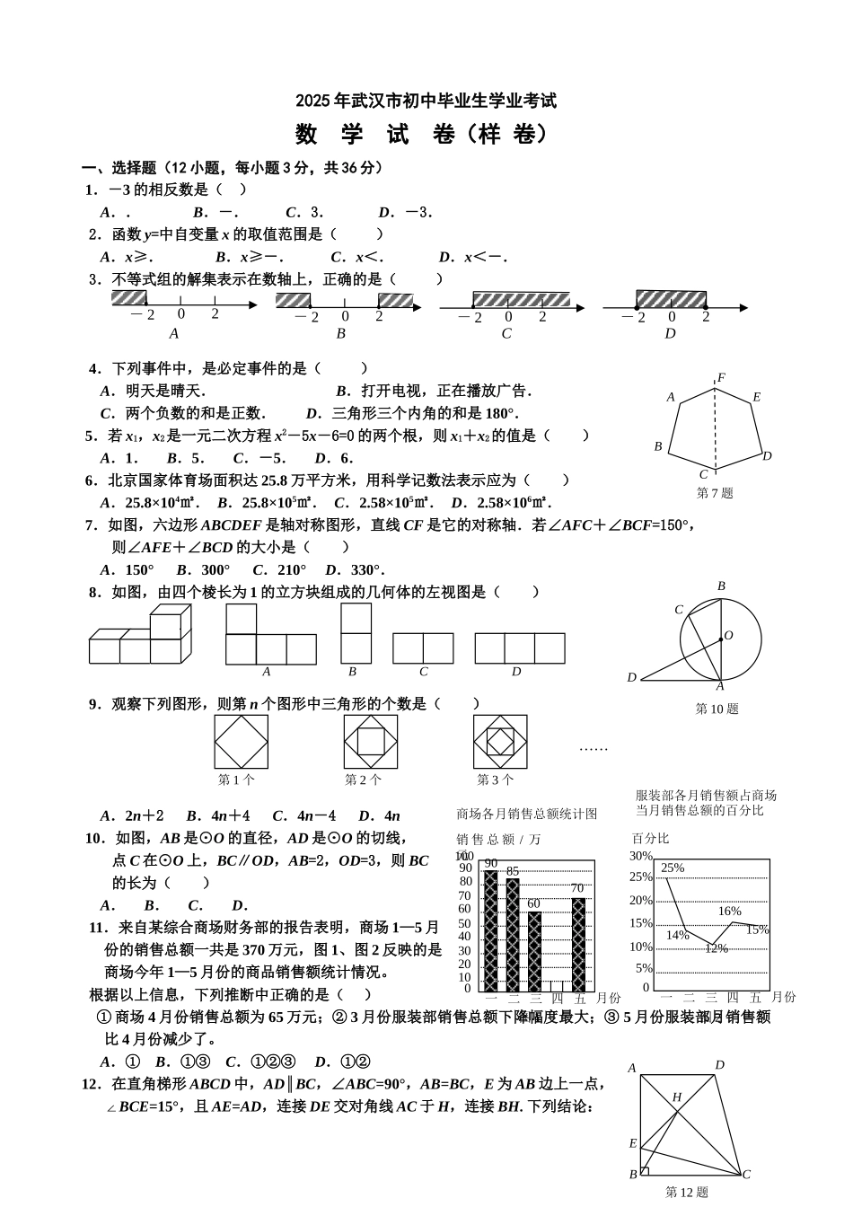 中考数学2025初中毕业考试数学样卷_第1页