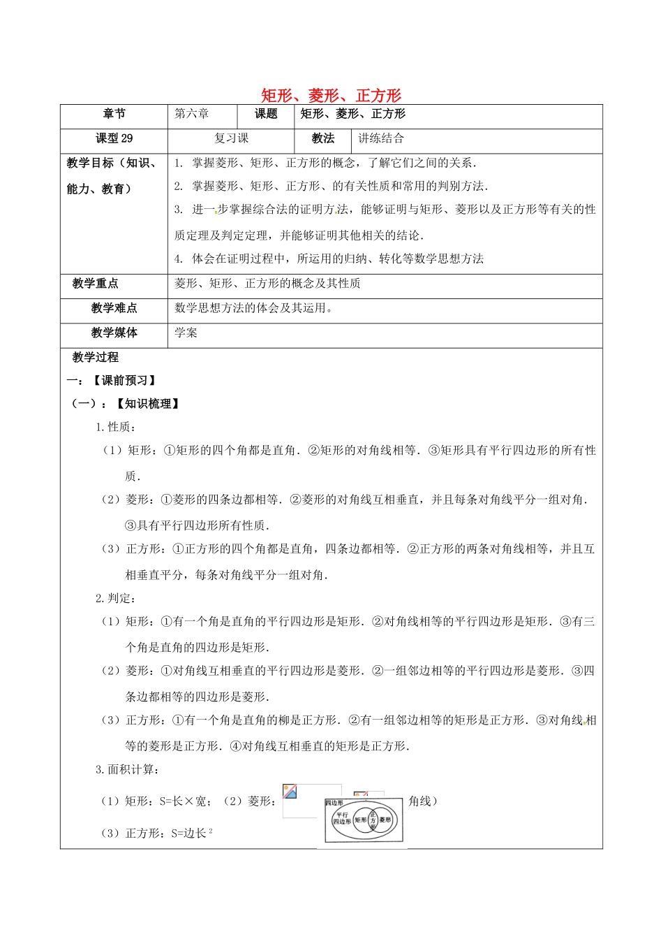 中考数学一轮复习-矩形菱形正方形学案无答案_第1页