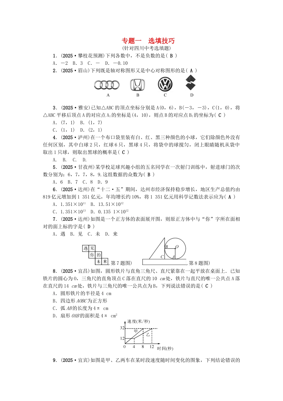 中考数学专题总复习-专题一-选填技巧试题_第1页