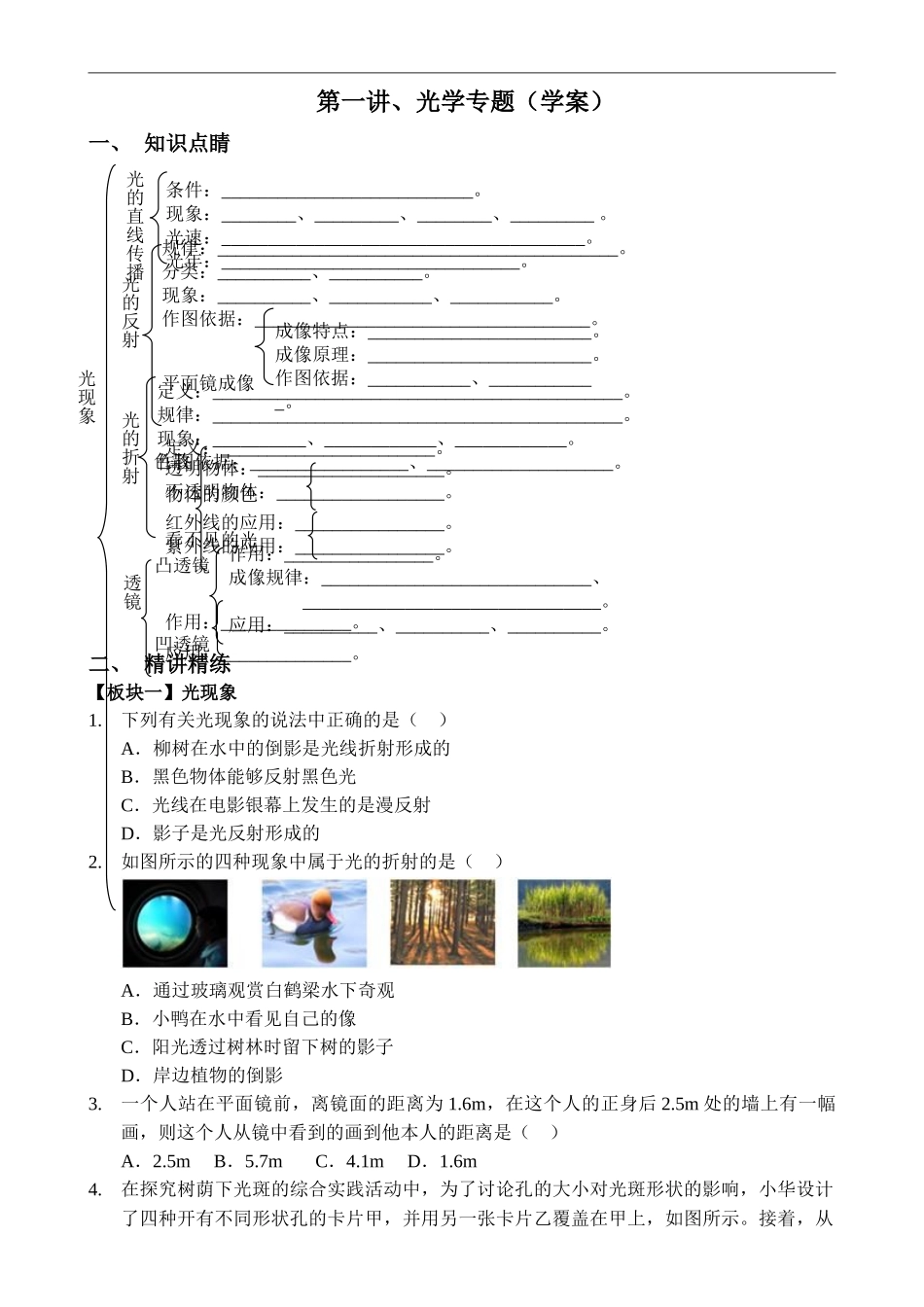 中考物理光学专题复习学案含答案_第1页