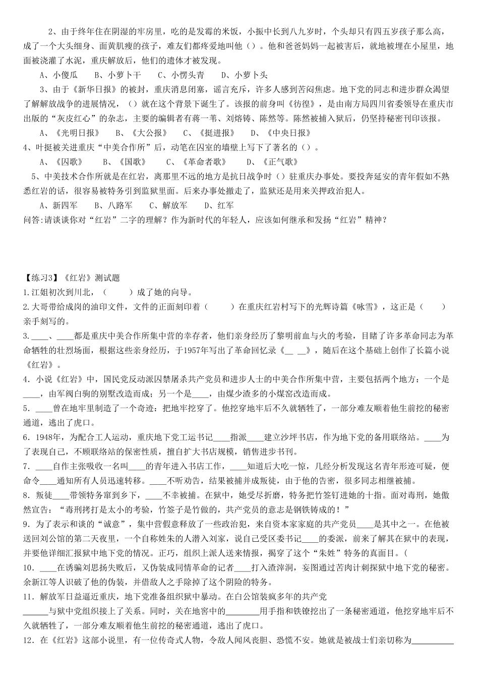 中考语文-名著导读红岩复习测试1_第3页