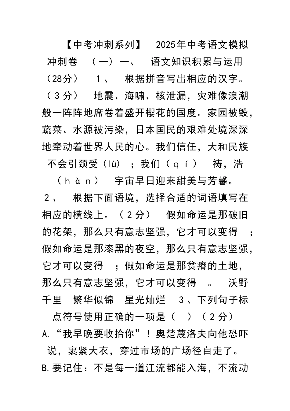 中考语文模拟冲刺试题附答案_第1页