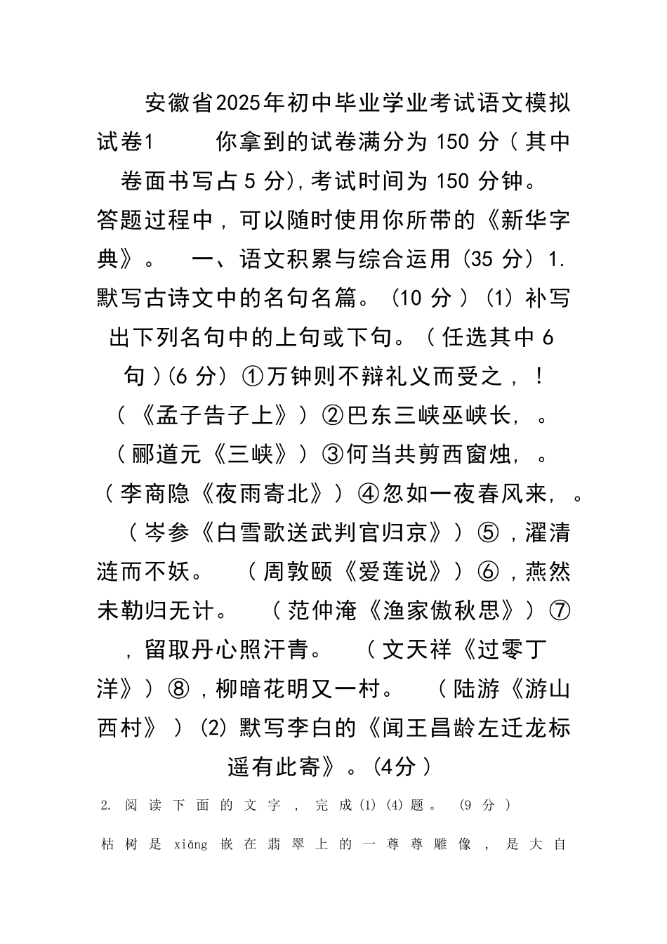 中考语文模拟试卷安徽含答案_第1页