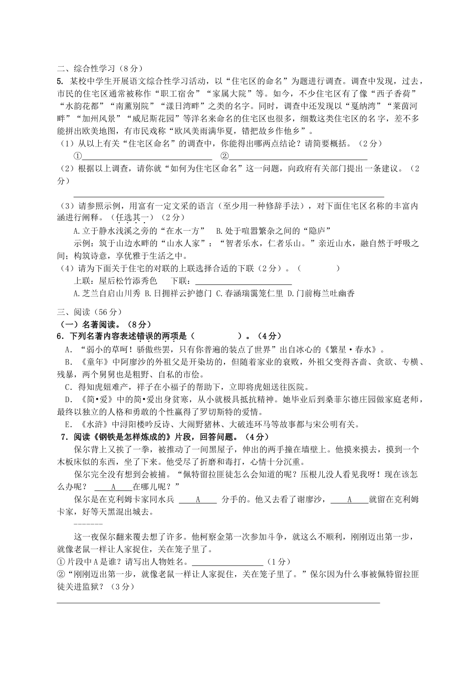 中考语文适应性试题1_第2页
