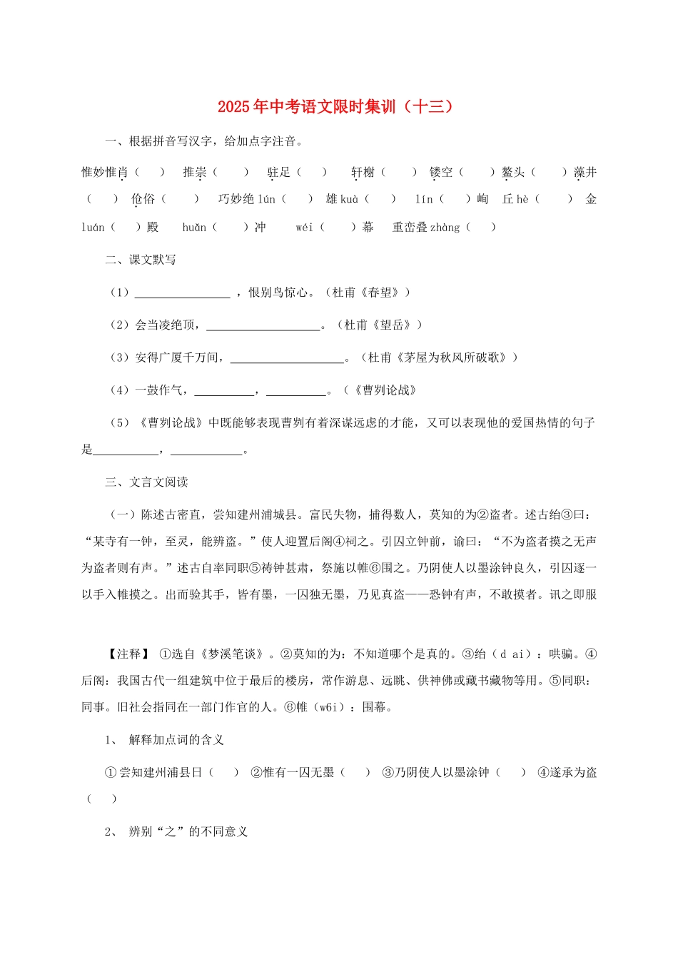 中考语文限时集训十三_第1页