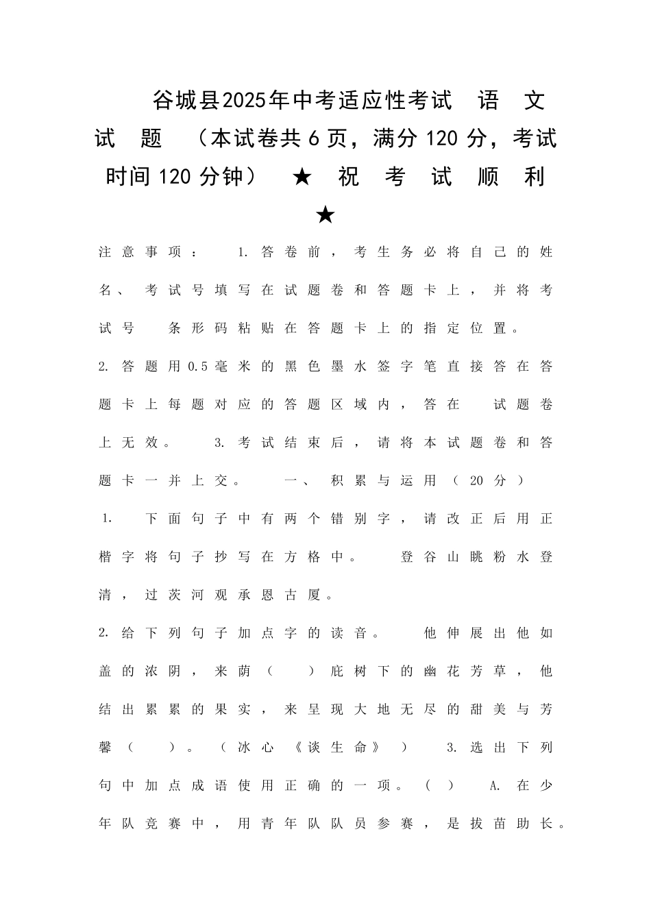 中考适应性考试语文试题附答案_第1页
