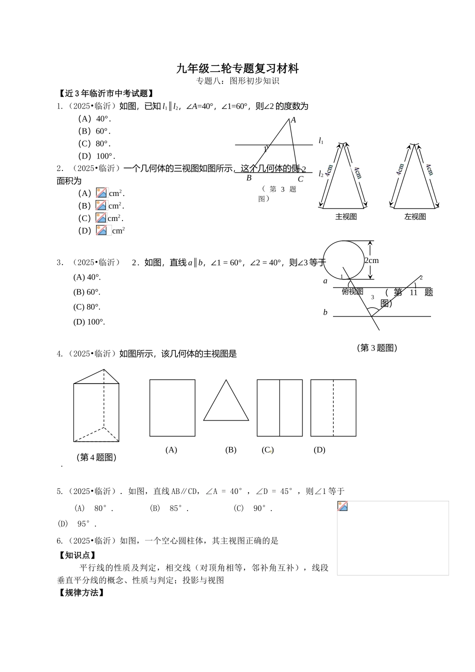临沂市中考数学二轮专题复习材料八图形初步知识_第1页