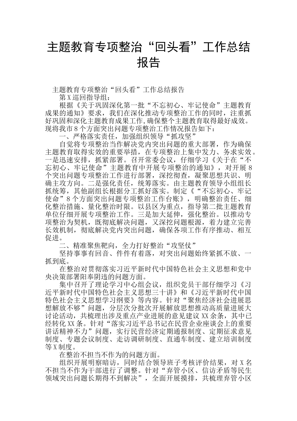 主题教育专项整治“回头看”工作总结报告_第1页