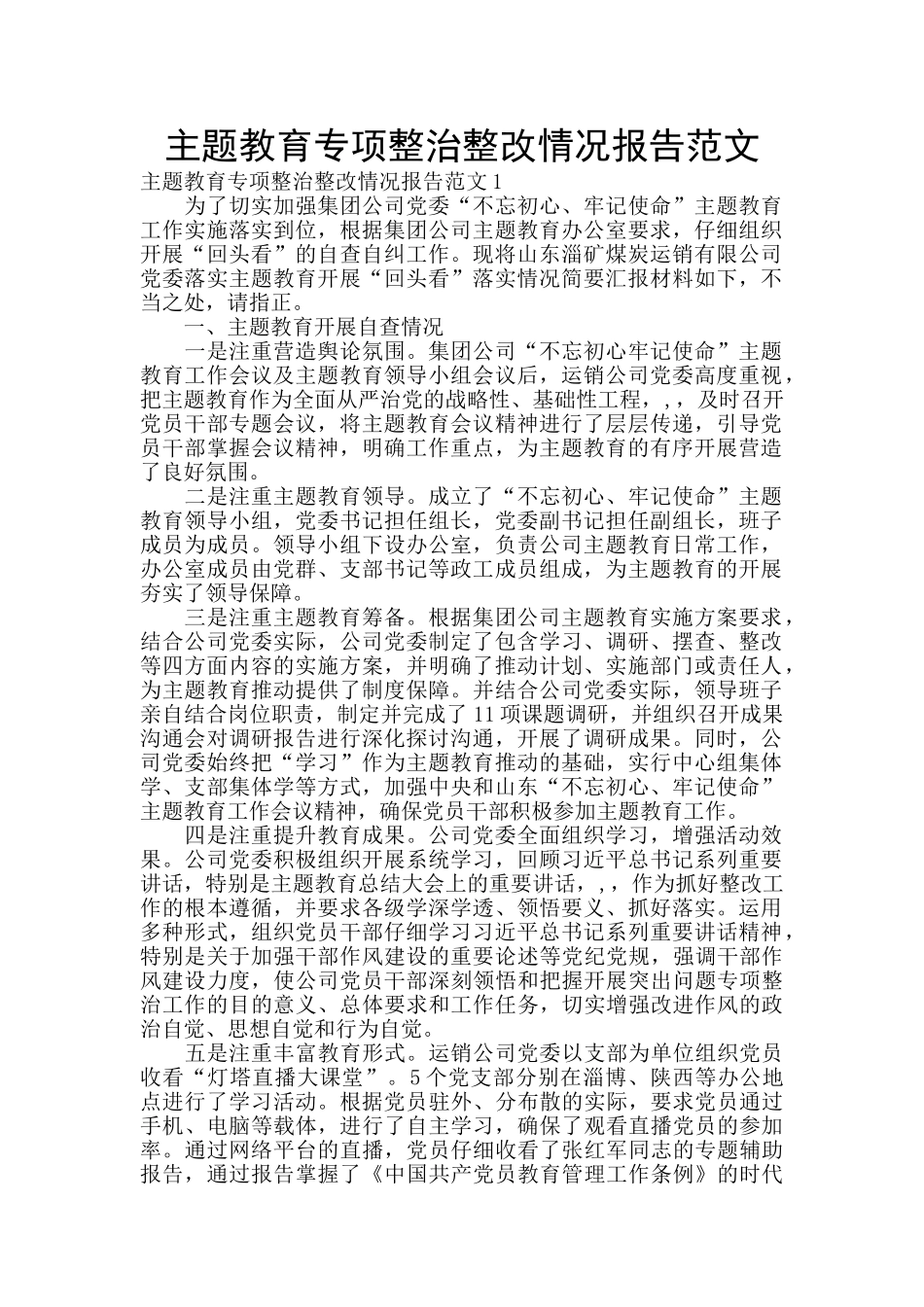 主题教育专项整治整改情况报告范文_第1页