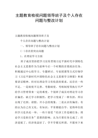 主题教育检视问题领导班子及个人存在问题与整改计划