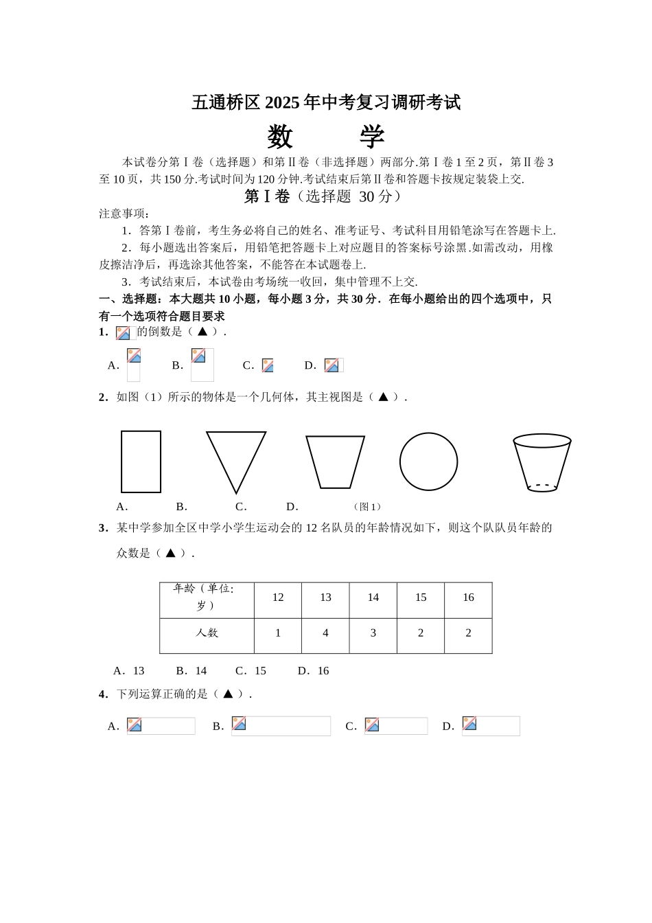 乐山市五通桥区初三毕业复习适应性数学试卷含答案_第1页