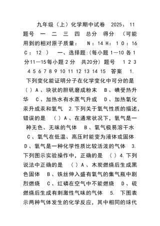九年级上册化学期中试卷