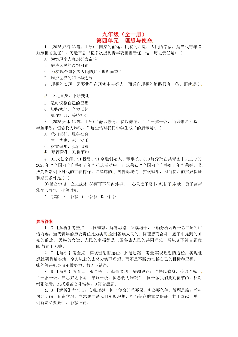 九年级全一册-理想与使命练习-湘教版_第1页
