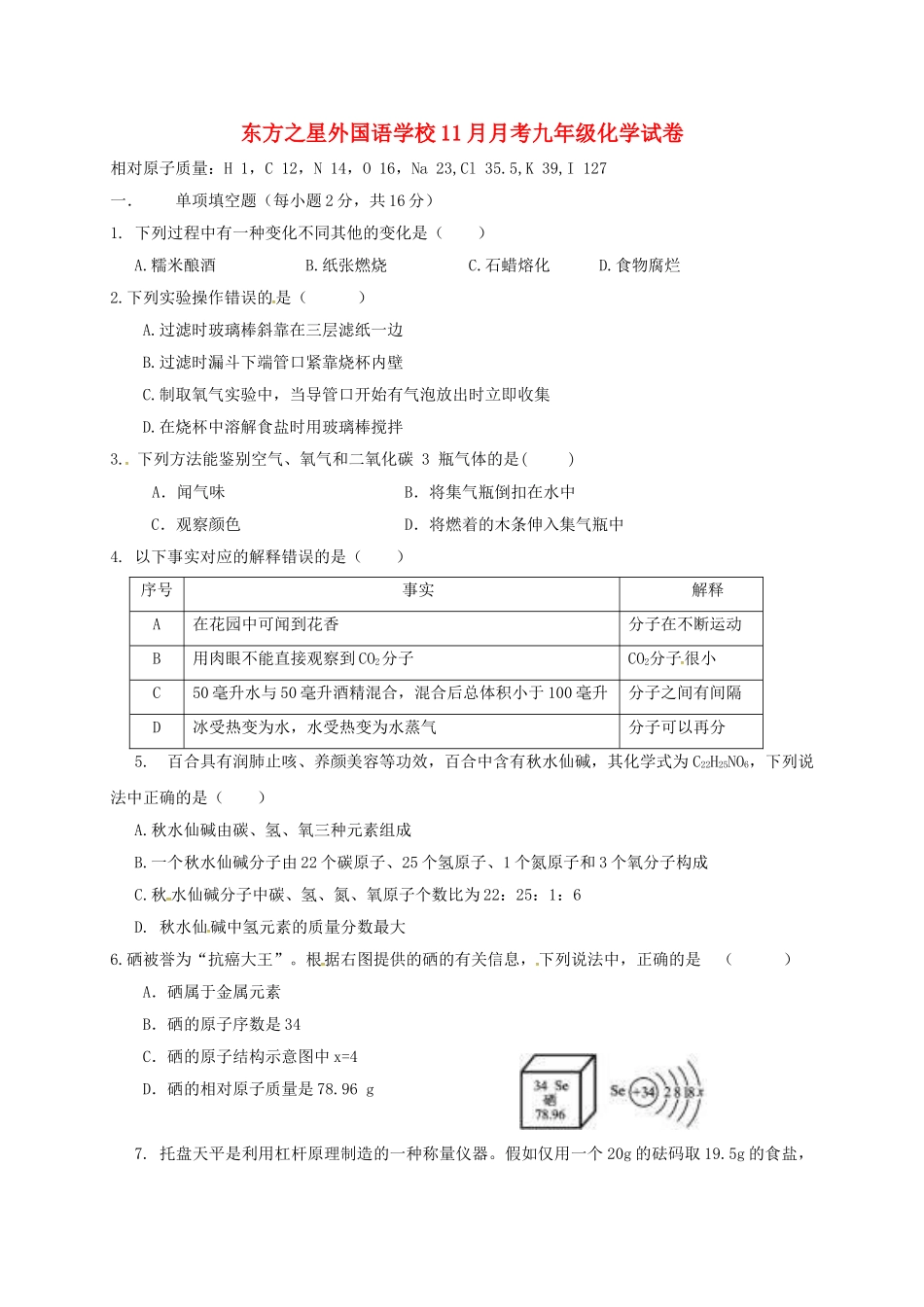 九年级化学11月月考试题无答案-新人教版_第1页