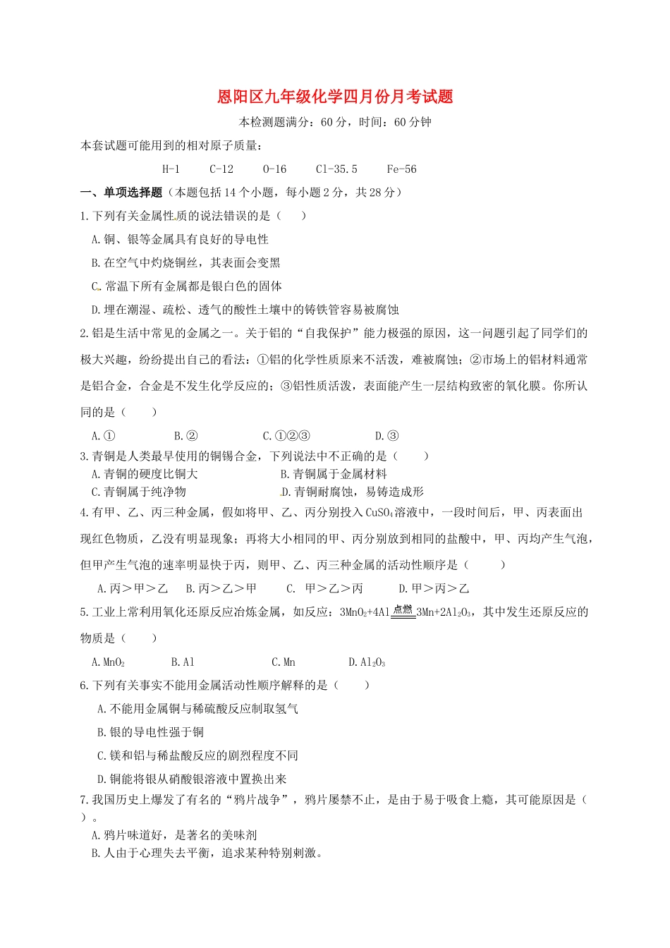 九年级化学4月月考试题_第1页