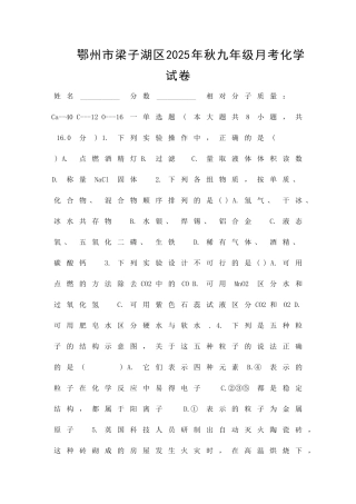 九年级化学上12月月考试卷有答案