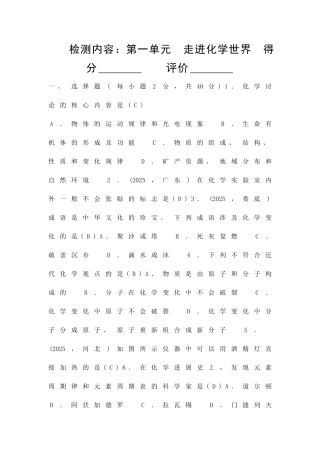 九年级化学上册走进化学世界检测试题人教版