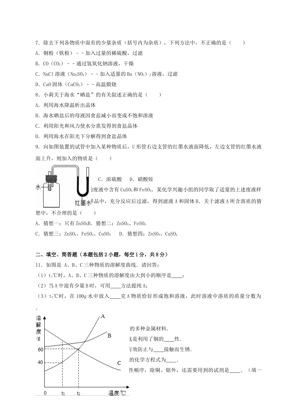 九年级化学下学期第一次月考试卷含解析-新人教版_第2页