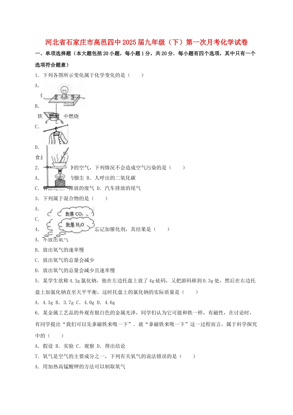 九年级化学下学期第一次月考试卷含解析-新人教版5_第1页
