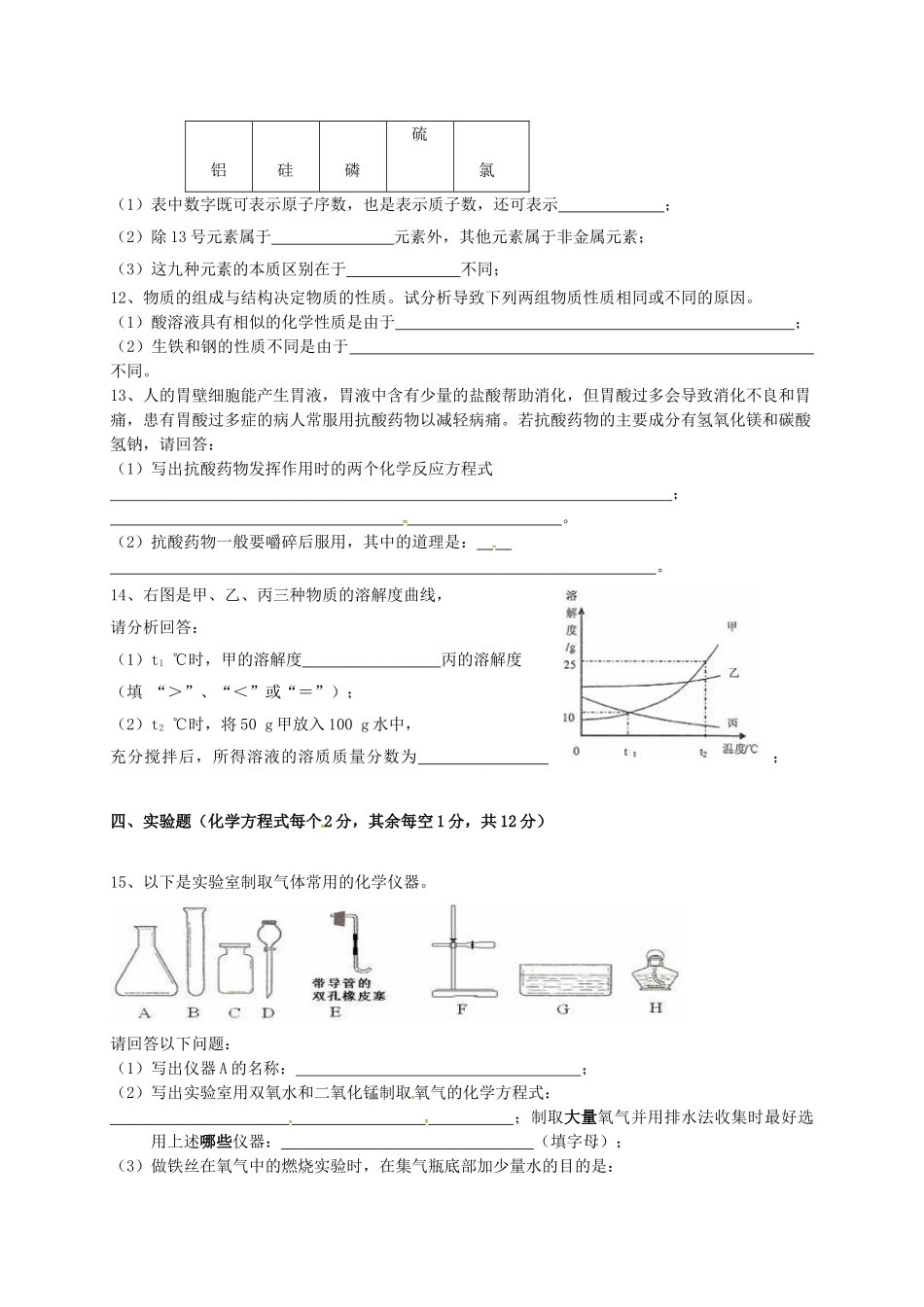 九年级化学下学期第一次模拟试题无答案_第3页