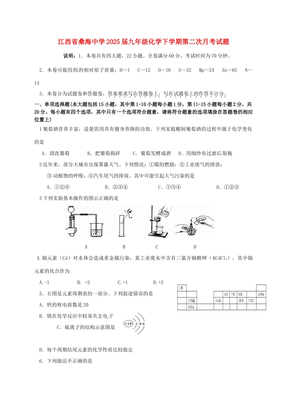 九年级化学下学期第二次月考试题_第1页