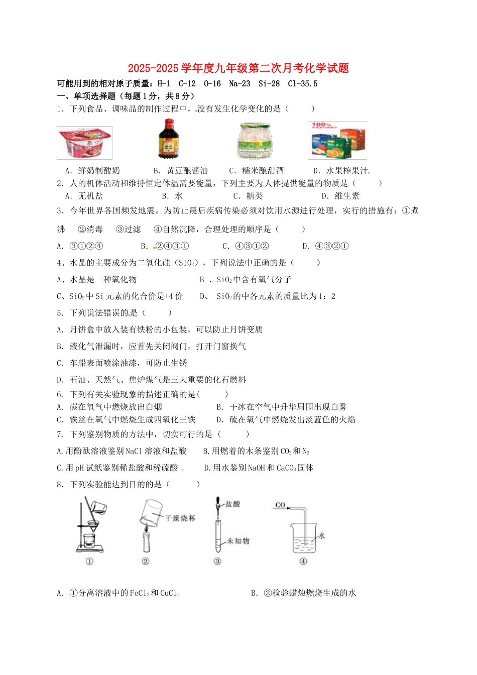 九年级化学下学期第二次月考试题无答案_第1页