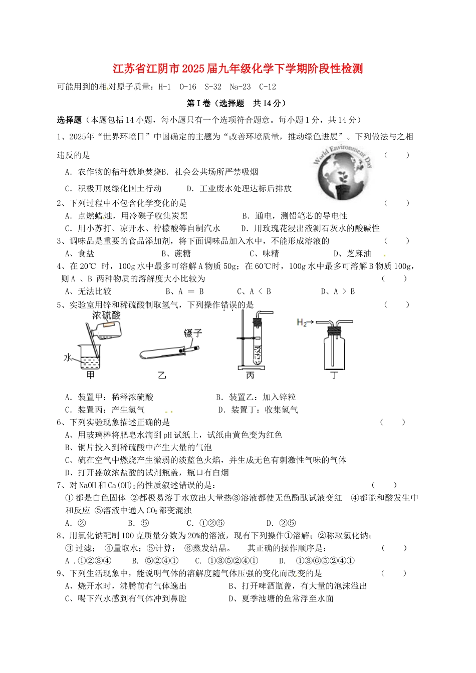 九年级化学下学期阶段性检测无答案_第1页