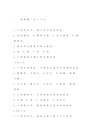 九年级化学期中考试试卷