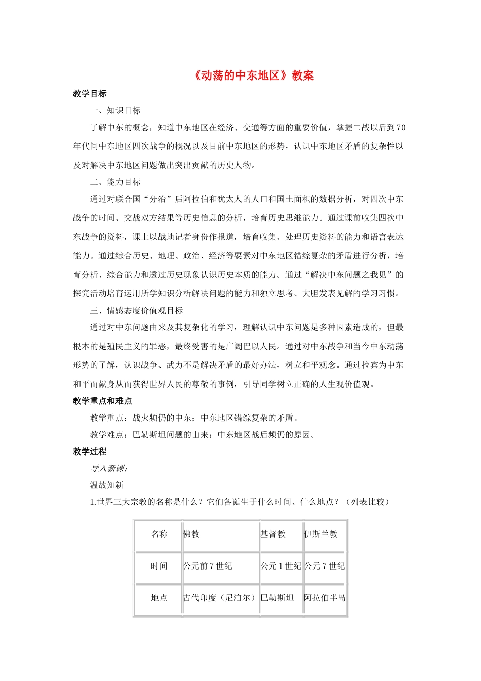 九年级历史下册---动荡的中东地区教案2-新人教版1_第1页