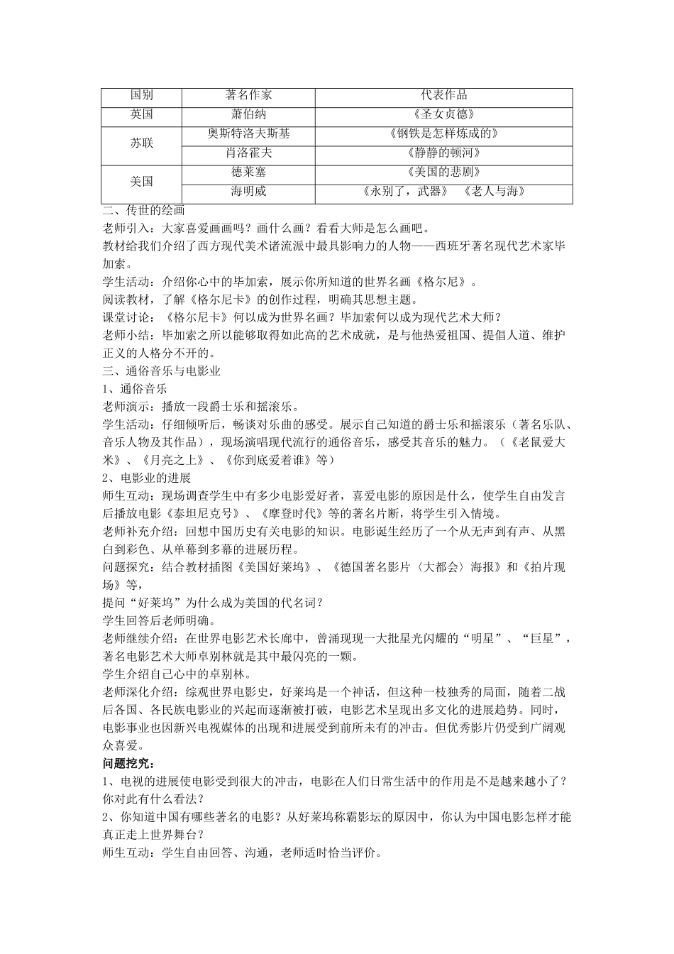 九年级历史下册---现代文学艺术和体育教案2-新人教版1_第2页