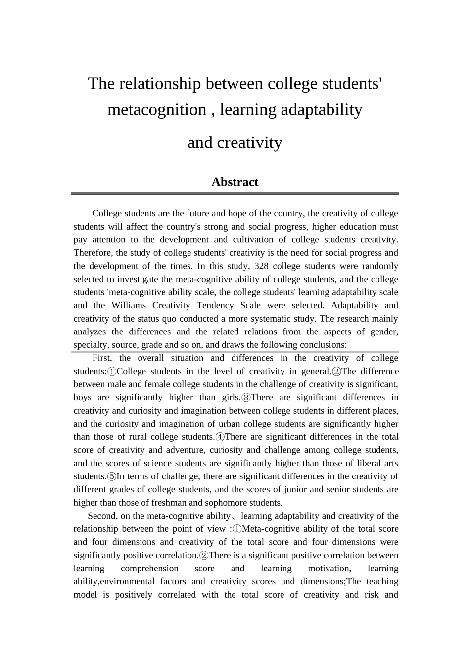 大学生元认知能力、学习适应性与创造力的关系研究分析  应用心理学专业_第2页