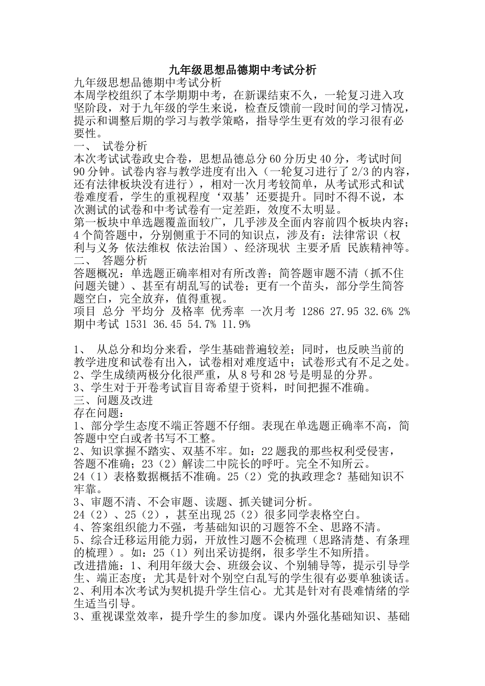 九年级思想品德期中考试分析_第1页