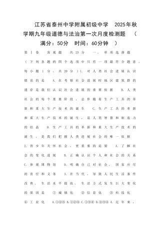 九年级道德与法制上册10月月考试题泰中附中