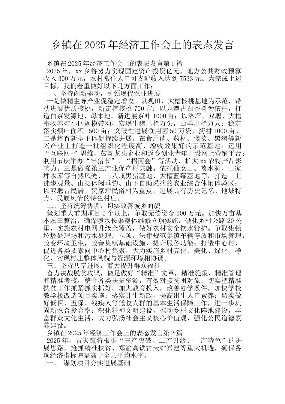 乡镇在2025年经济工作会上的表态发言_第1页