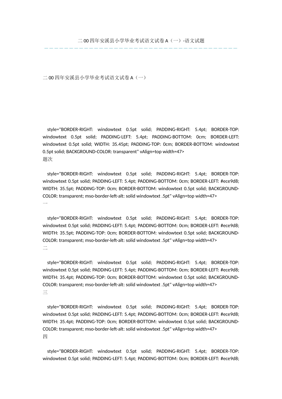 二00四年安溪县小学毕业考试语文试卷A-语文试题_第1页