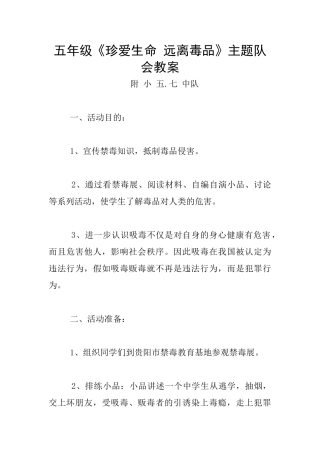 五年级《珍爱生命-远离毒品》主题队会教案
