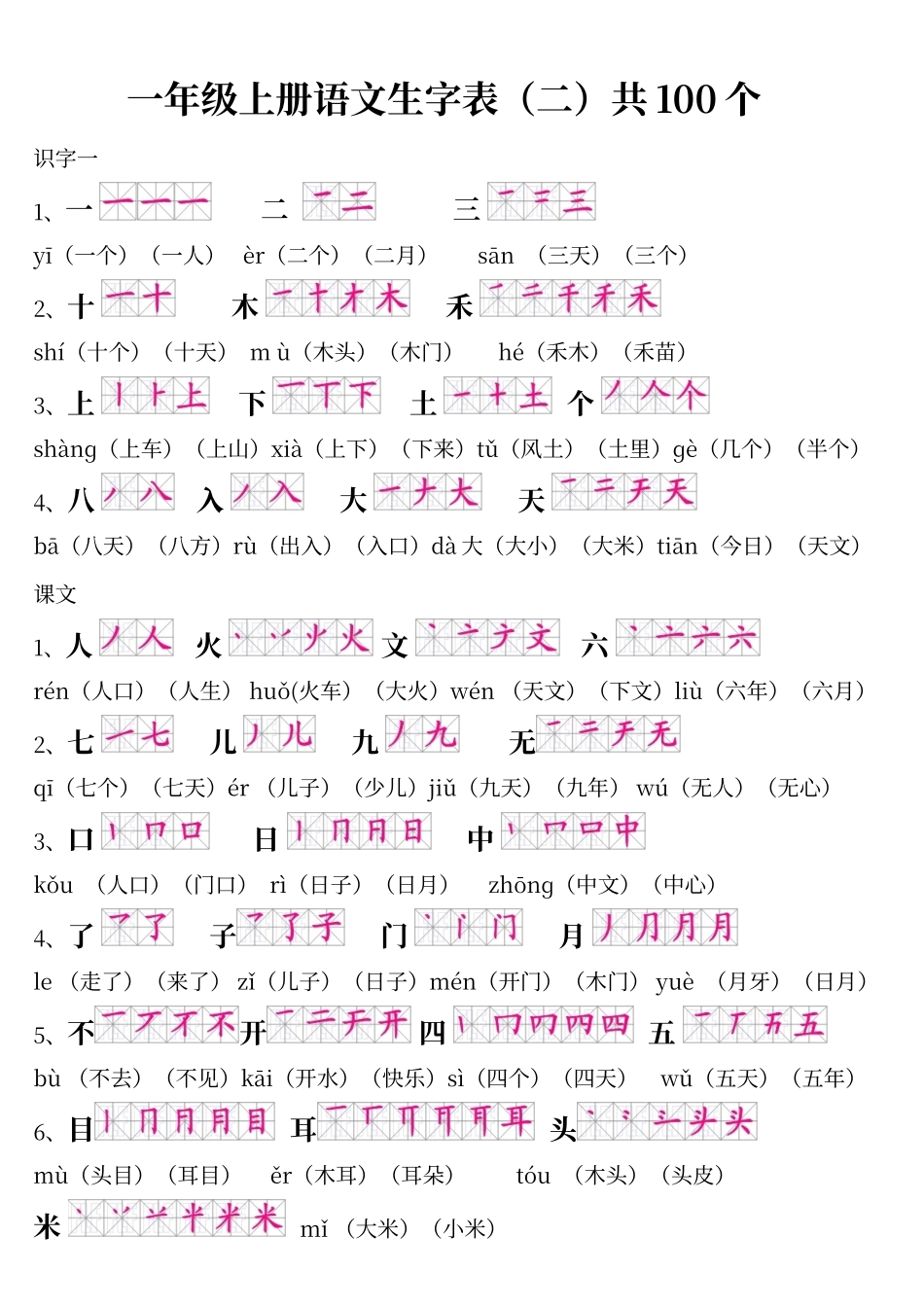 人教版一年级上册语文生字表带笔顺拼音组词及积累_第1页
